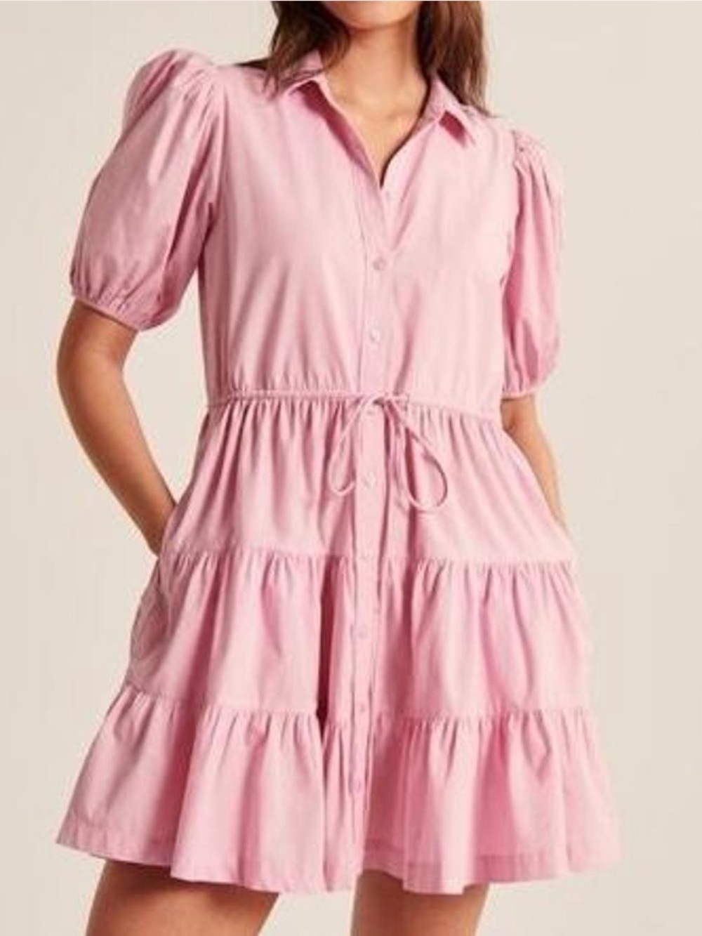 ABERCROMBIE & FITCH Easy Waist Poplin Tiered Pink Puff Sleeve Dress XLT